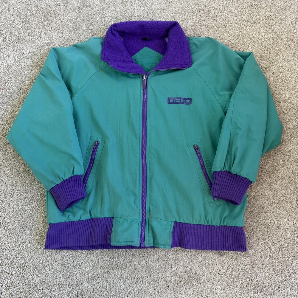 Vintage River Edge Jacket Mens Large Green Purple Fleece Lined Bomber Full Zip